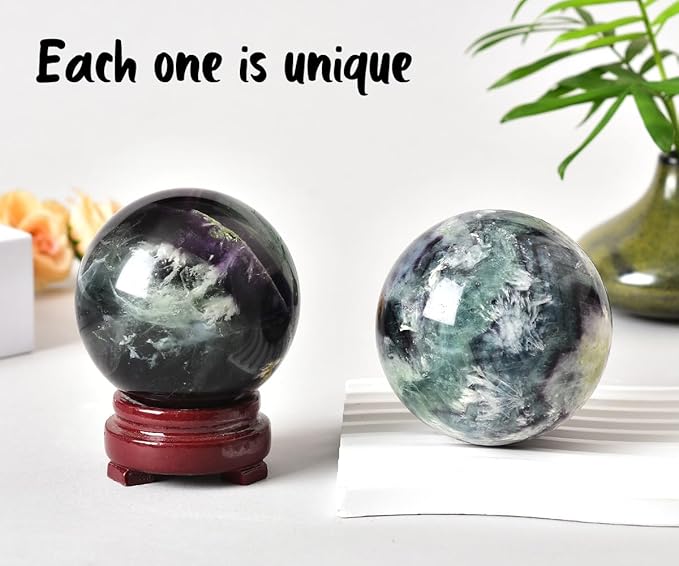 JIC Gem Natural Feather Fluorite Crystal Ball Round Healing Crystals Decorative Sphere with Wooden Stand Meditation Home Decor 2.3-2.7 inch (60-70mm)