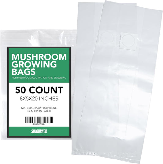 Mushroom Grow Bags (50 Pack) - 6 Mil Thick Autoclave Spawn Bags with 0.2 Micron Filter for Your Grain - Mycology Supplies - Large Size 8" x 5" x 20"