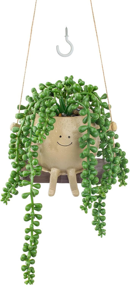 Artificial Succulents Hanging Plants Fake String of Pearls Trailing Plant in Cute Smiley Face Pot for Home Decor, Indoor Outdoor Wall Window Hanging Decorations (Includes Hanging Hook)