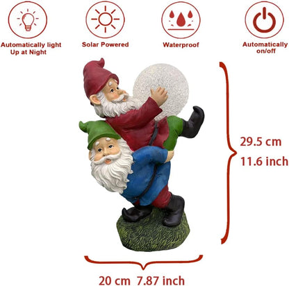 Solar Powered 2 Gnomes Playing with Ball, Decorated Solar Light, Garden Decorations Statues, Resin Garden Figurines (2 Gnomes with a Glass Ball)