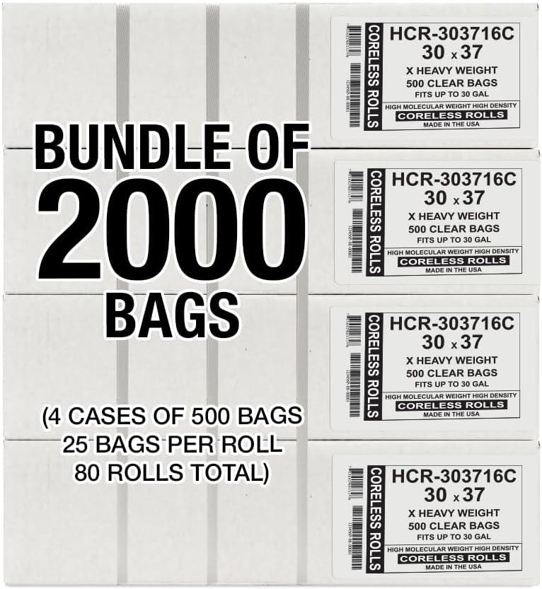 Aluf Plastics High Density Trash Bags, 30 Gallon, 2000 Count, 16 Micron (eq), 30" x 37", Clear, for Bathroom, Office, Industrial, Commercial, Janitorial, Municipal, Recycling