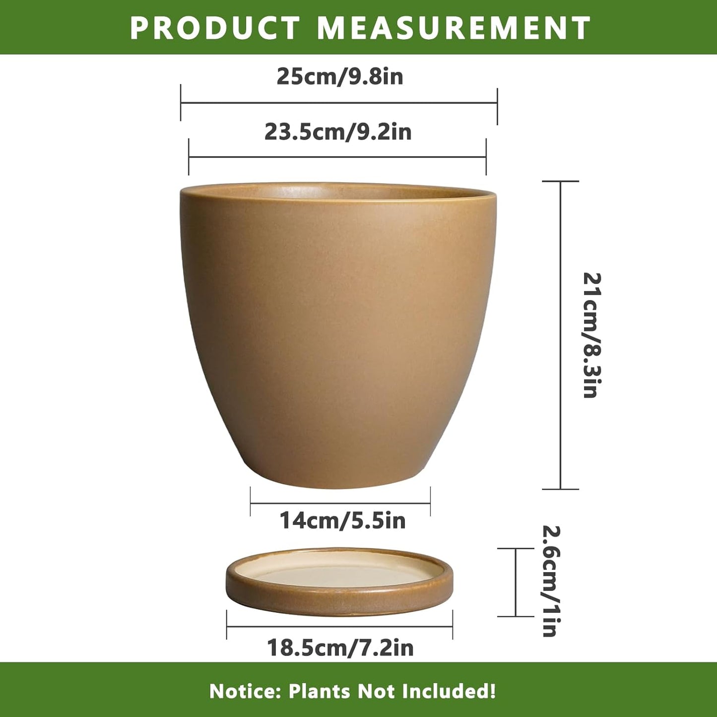 10 Inch Planter - Ceramic Pots for Plants, Planters with Drainage Hole and Tray, Modern Flower Pots Indoor, Home Living Room Patio Porch Garden Office Decor, Brown