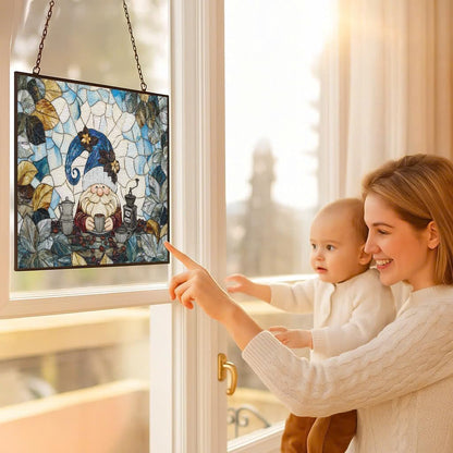 Rectangle Coffee Gnome Stained Glass Window Hanging Customized Suncatcher Glass Panel with Metal Chain Sun Catchers Wall Art Home Decor Gift for Women Mother's Day