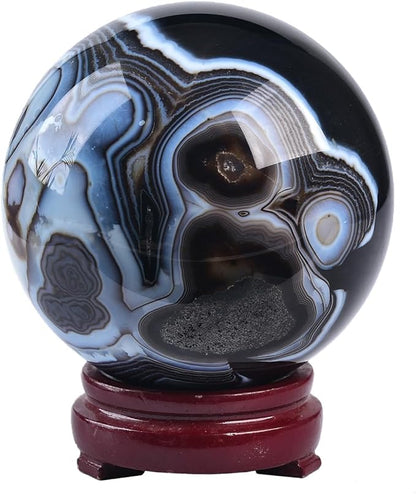 JIC Gem Black Onyx Agate Large Crystal Ball 3.5-4 inch(90-100mm) Round Healing Crystals Decorative Sphere with Wooden Stand Meditation Witchcraft Home Decor