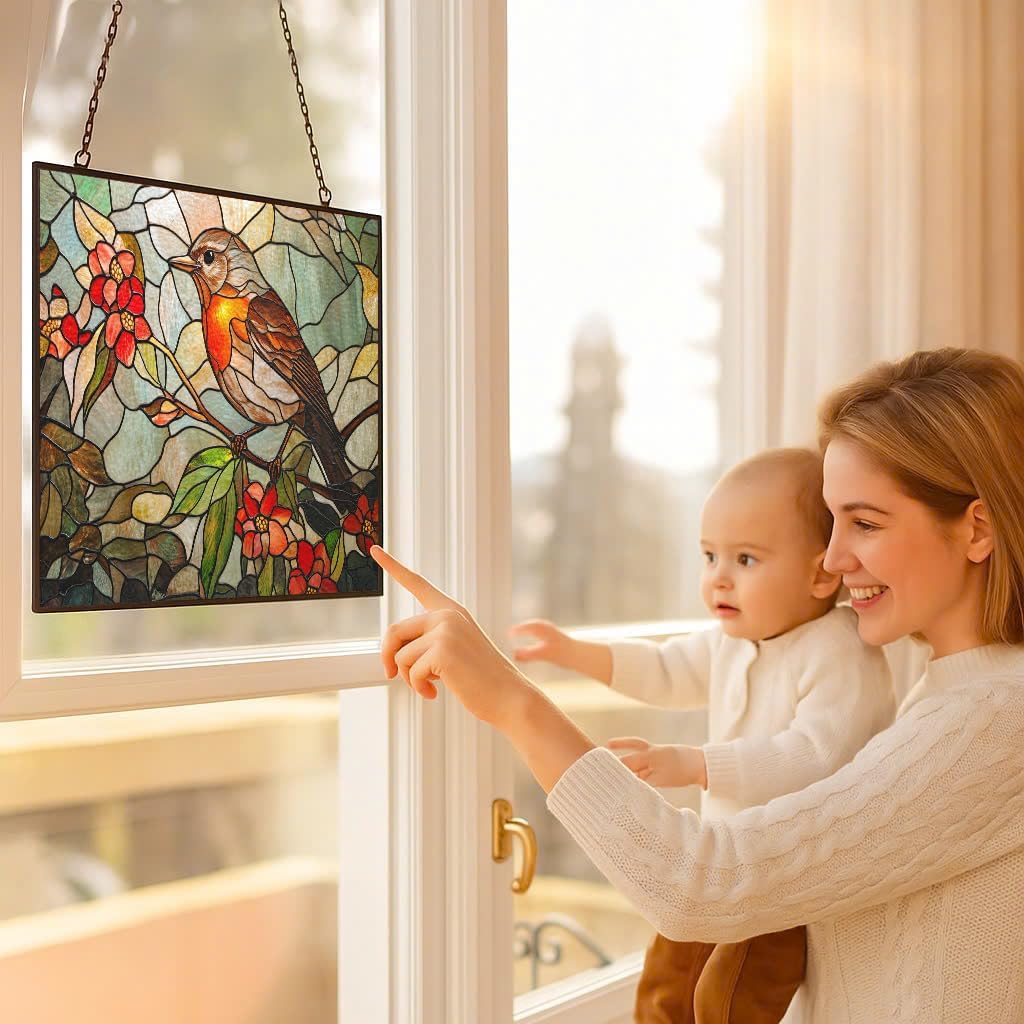 Personalized Rectangle Art Nouveau Honeysuckle Robin Stained Glass Window Hanging, Suncatcher for Women, Stained Glass Window Decor Perfect Home Décor