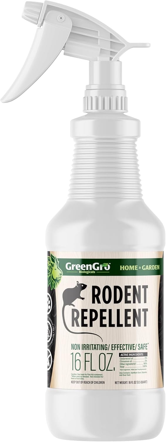 GreenGro Rodent Repellent Spray - Organic Cedar & Cinnamon Oil for Pest Control/Mice, Rat, Vole & Squirrel Repellent/Non-Toxic/Safe for Pets/Use for Home, Garden, Garage, RVs (16oz)
