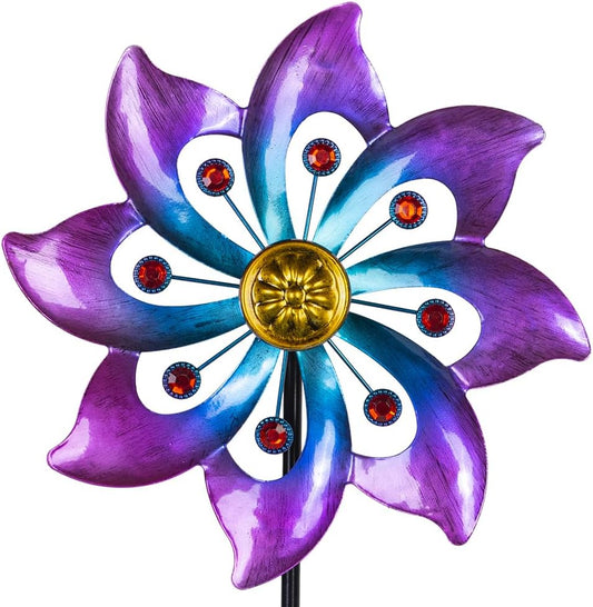 VEWOGARDEN Garden Metal Flower Wind Spinners Outdoor, Kinetic Wind Sculptures & Spinners for Yard Lawn Patio Decorations, Blue & Purple