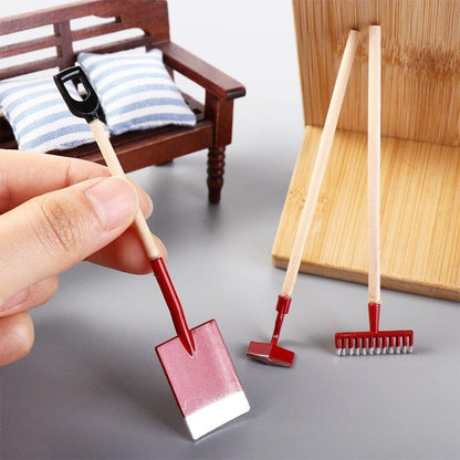 3Pcs Miniature Garden Tools 1:12 Mini Shovels and Rake Farm Tools Fairy Garden Furniture Dollhouse Accessories (Black)