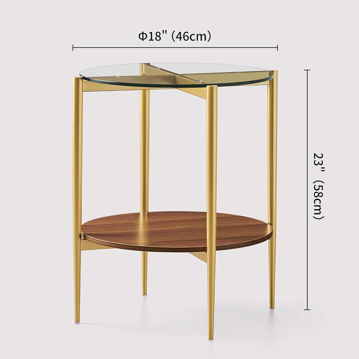 Round Glass End Table, Mid-Century Modern Design Sofa Table for Living Room, D18 x H23, 2-Tier Structure, Clear Glass Top and Walnut Shelf, Sleek Conical Legs with Gold Finish Frame