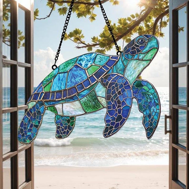 Ocean Turtle Acrylic Suncatcher Birth Flower Faux Stained Window Hanging for Her Room Decor Sun Catchers Indoor Windown Suncatchers Windows Outdoor