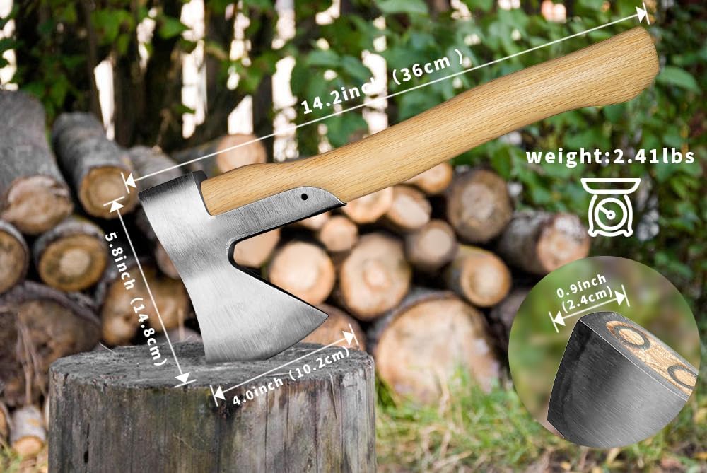 Camping Axe, 15'' Hatchet for Wood Splitting and Chopping, Gardening Small Axe Wooden Handle Tools with Sheath for Camping, Hiking (15inch)