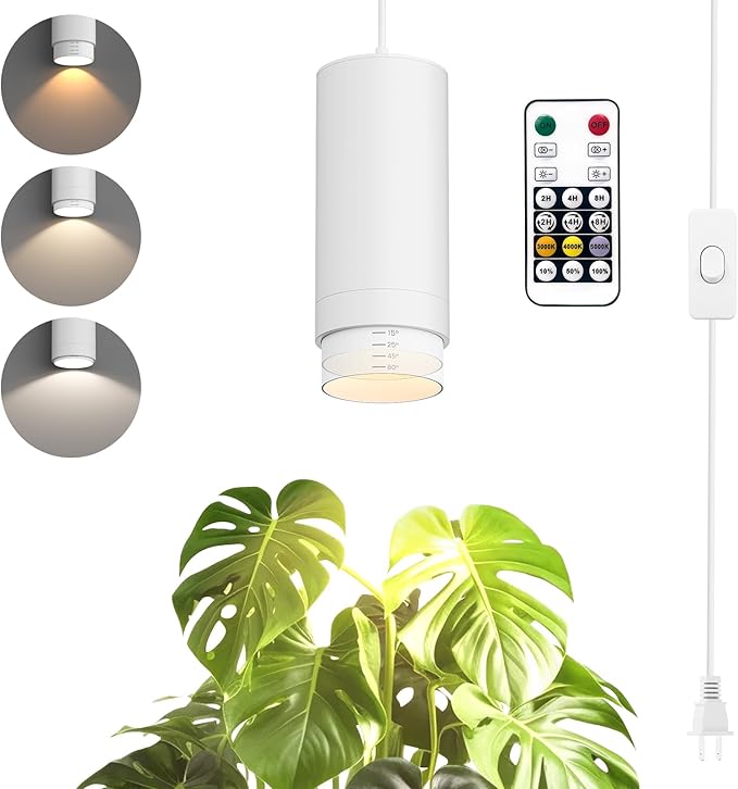 Remote Control Hanging Grow Lights for Indoor Plants, 30W Hanging Plant Light with Auto On/Off Timer, Full Spectrum LED Grow Light 3000K-5000K, Dimmable Plug in Pendant Hanging Lights, White