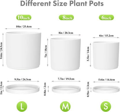 10/8/6 inch Deep Flower Pots, 3 Pack Cylinder Tall Plant Pots for Outdoor Indoor Plants, Large Decorative Plastic Planters with Drainage Holes and Saucers for Garden House Plants, White