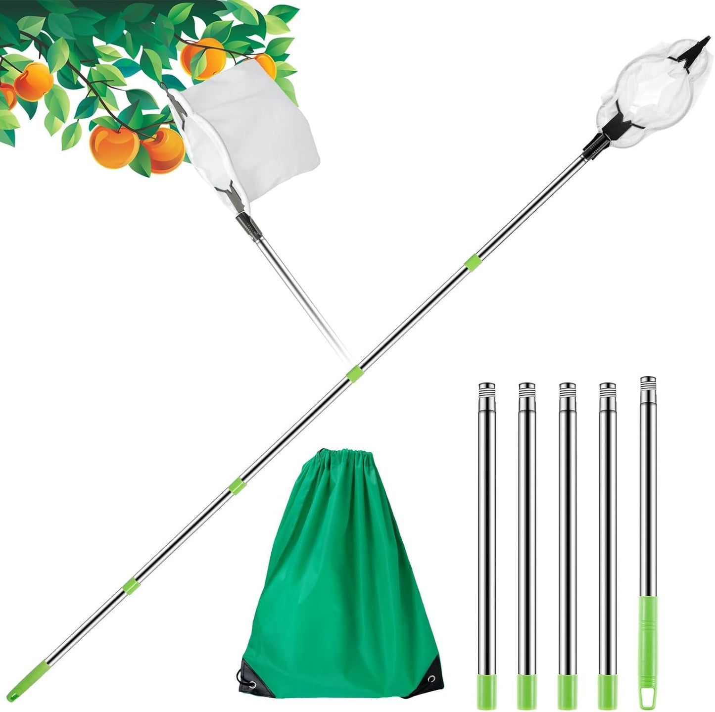 Fruit Picker Pole 6.5 FT Adjustable Pole with Soft Bag Fruit Catcher Equipment Tree Picker with Fruit Storage Bag for Apples Mango Pear Orange Avocados Fruit Picking(2m/6.56ft)