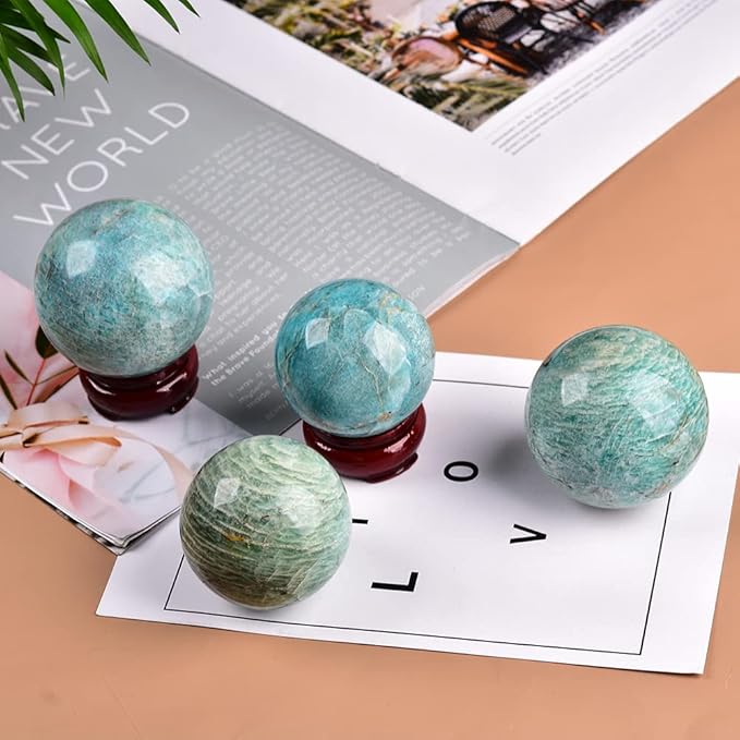 JIC Gem Natural Amazonite Crystal Ball with Wood Stand Gemstone Sphere,Polished Healing Energy Mineral Gemstone Balls for Reiki Chakra Decoration Fengshui (40-50mm)