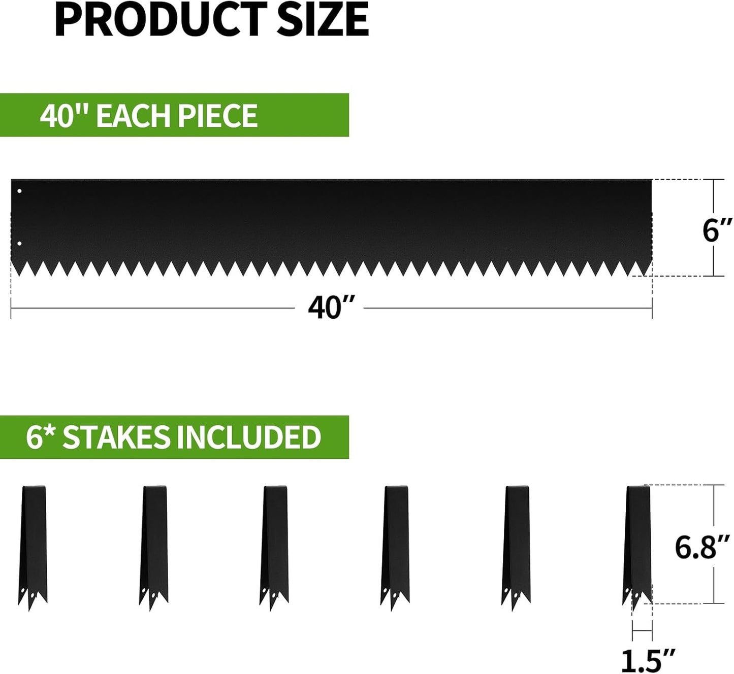 Landscape Edging 6-Pack, 40" L x 6" H Strips, Hammer-in Steel Garden Bed Metal Borders with 6 Clips, Bendable Metal Landscape Edging for Garden, Yard, Park, Lawn(Black, 40 Tooth)
