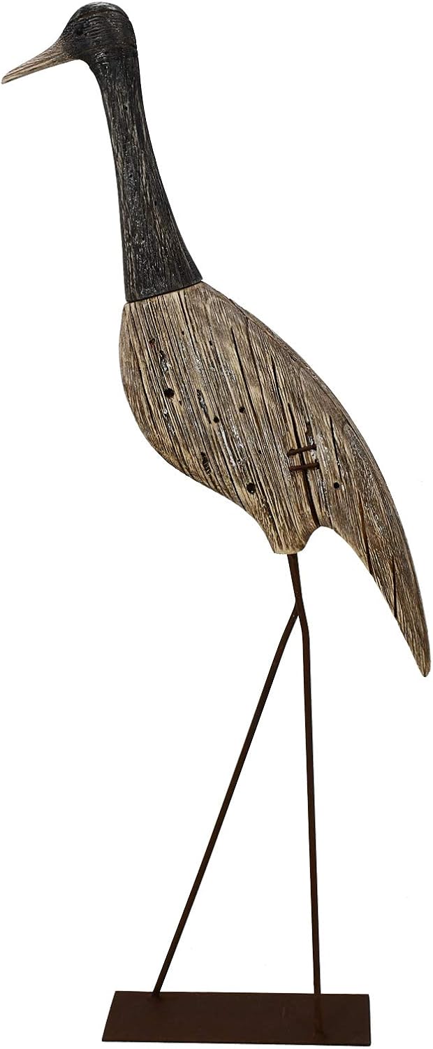 Morning View Wooden Crane Decor Wood Sea Birds Statue Bird Figurines Seabird Statue Standing Cranes Decorations Coastal Sculpture Nautical Beach Ocean Home Table Garden Yard Lawn Outdoor 31 Inch