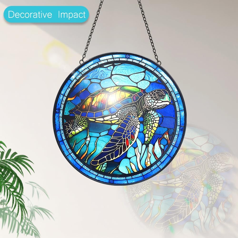 Stained Glass Turtle Suncatcher Window Hanging - Handmade Sea Turtle Suncatchers for Windows with Hooks - Sea Glass Wall Art Home Decor Outdoor Garden Sun Catcher - Birthday Gifts for Mom Grandma
