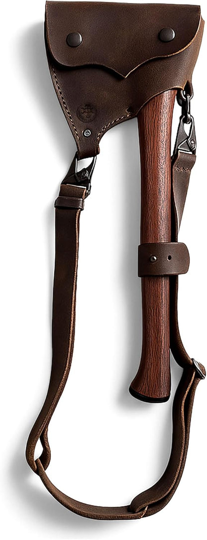Axe Head Sheath with Shoulder Strap, Convertible Edge Protector, Riveted Carrier for Lumberjacks, Accessory for Tools, Home Improvement, Full Grain Leather, Handmade, Bourbon Brown