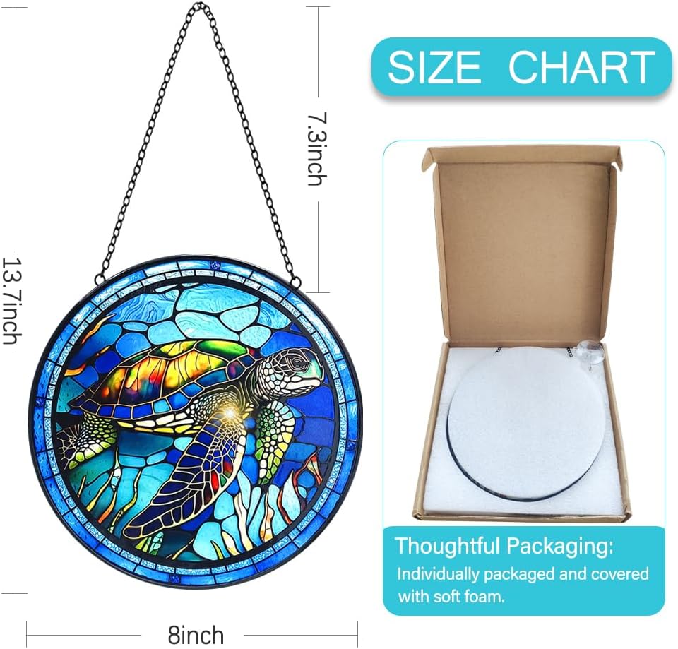 Stained Glass Turtle Suncatcher Window Hanging - Handmade Sea Turtle Suncatchers for Windows with Hooks - Sea Glass Wall Art Home Decor Outdoor Garden Sun Catcher - Birthday Gifts for Mom Grandma