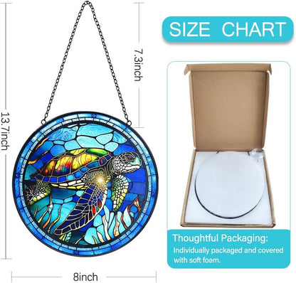 Stained Glass Turtle Suncatcher Window Hanging - Handmade Sea Turtle Suncatchers for Windows with Hooks - Sea Glass Wall Art Home Decor Outdoor Garden Sun Catcher - Birthday Gifts for Mom Grandma