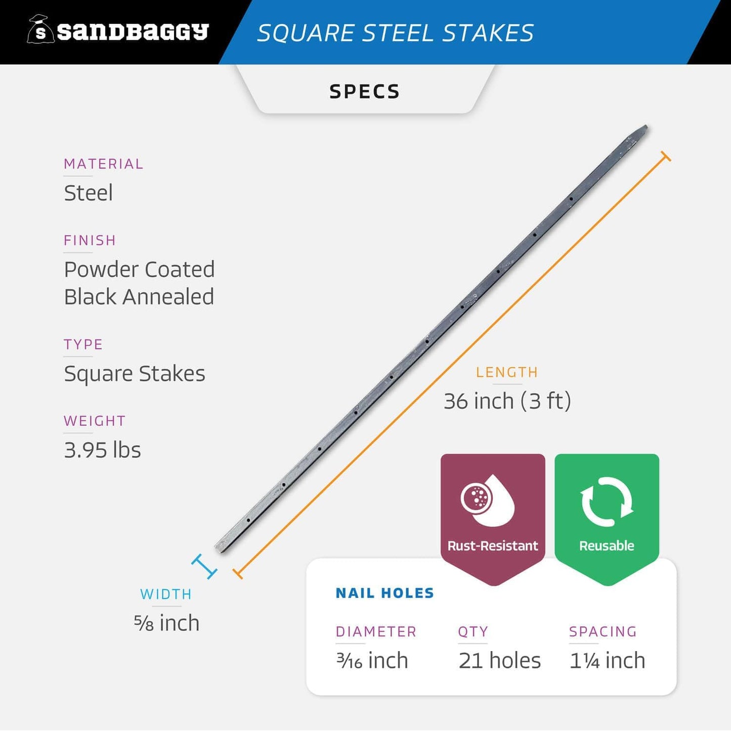 Sandbaggy 36" Square Steel Concrete Form Stakes with Nail Holes - 5/8" Wide - Rust Resistant Coating - Removable, Reusable - Construction Grade Stakes (5, 36 inch)