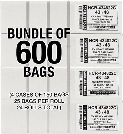Aluf Plastics High Density Trash Bags, 56 Gallon, 600 Count, 22 Micron (eq), 43" x 48", Clear, for Bathroom, Office, Industrial, Commercial, Janitorial, Municipal, Recycling