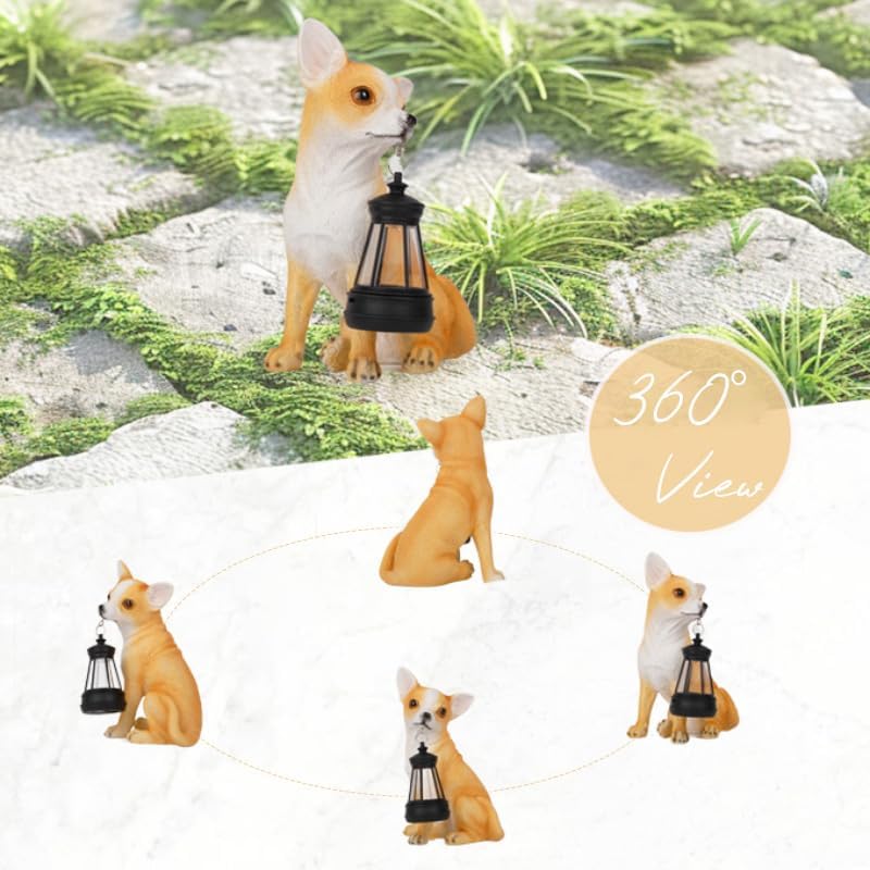 Chihuahua Garden Statues with Solar Lantern, Outdoor Figurine Resin Sculpture Hanging Solar Power Lights for Decoration Yard Patio Balcony Lawn Ornament Art Decor, Unique Gift for Grandma Wowen Mom