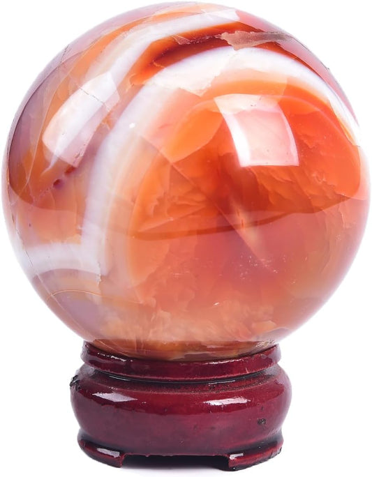 JIC Gem 2.7-3.1 inch(70-80mm) Large Madagascar Red Agate Crystal Ball Round Healing Crystals Decorative Sphere with Wooden Stand Meditation Witchcraft Home Decor
