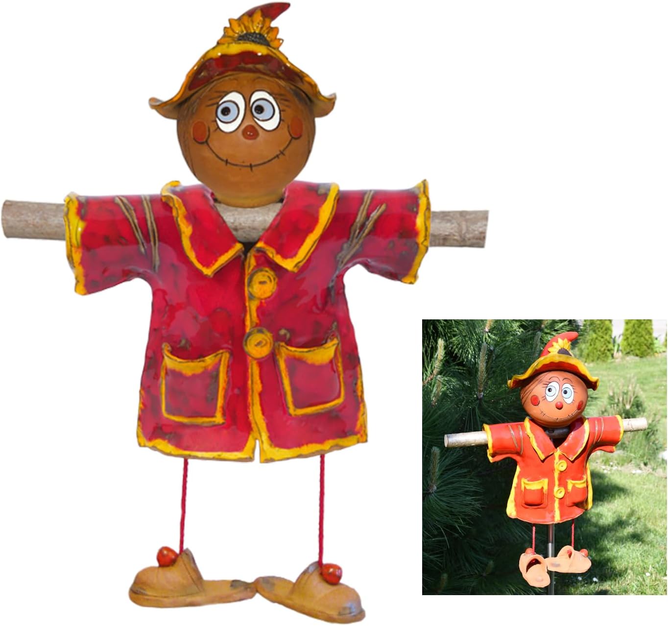Ceramic Garden Decor - Scarecrow Lawn stake, red - Outdoor statue - Perfect, unique gifts for gardeners woman, men, yard gifts - Handmade, Frostproof