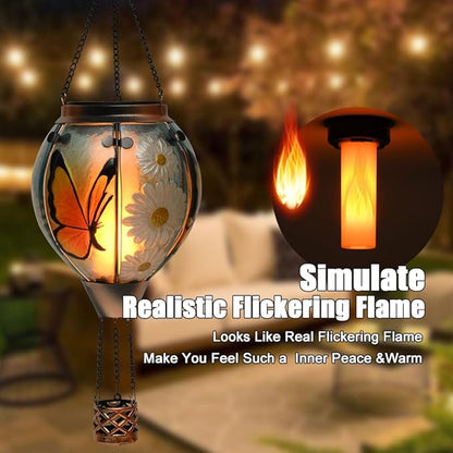 Hot Air Balloon Solar Lantern - Butterfly Stained Glass Lantern, Simulated Flickering & Dancing Flame, Outdoor Hanging Yard Light Waterproof IP65 for Patio Lawn Porch Decor Gift