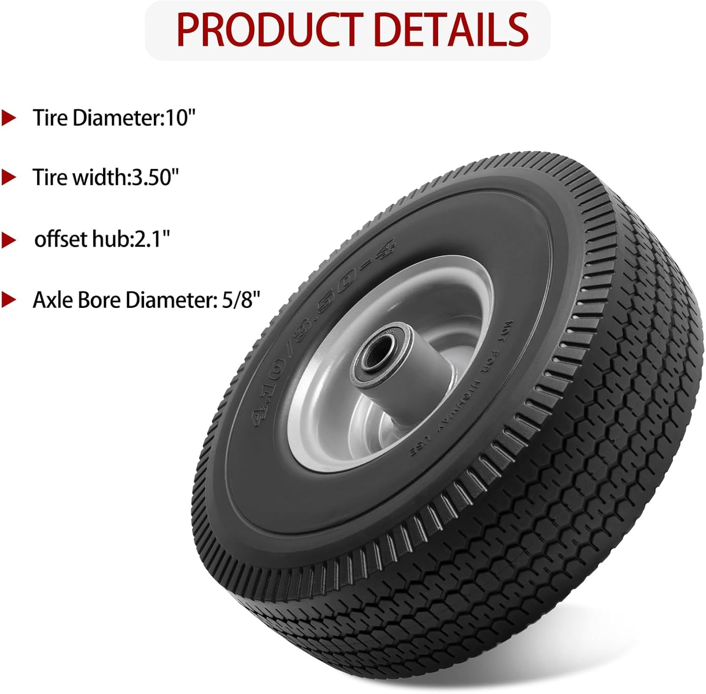 10" Solid Tire Replacement 4.10/3.50-4 Flat Free Tire and Wheel for Garden Carts, Hand Trucks, Wheelbarrows,10x3.50-4" with 5/8" Axle Bore & 2 1/4" Offset Hub (2 Pack)