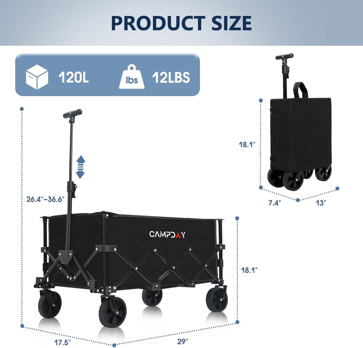 Foldable Wagon Cart, Utility Folding Wagon, Lightweight 12 lbs, 110L/250 lbs Capacity, Collapsible Cart with Wheels & Adjustable Handle for Grocery Shopping, Garden, Camping