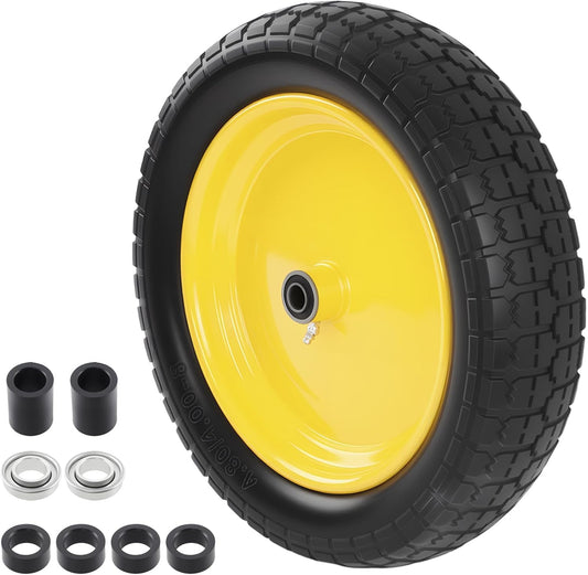 HQPASFY 16" Flat Free Tire 4.80/4.00-8 Wheelbarrow Tire and Wheel, 3" Centered Hub, 5/8" & 3/4"