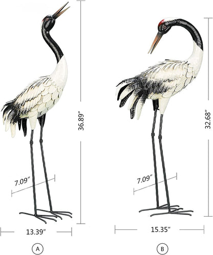 chisheen Garden Crane Statues Outdoor Heron Red Crowned Crane Metal Yard Art Sculpture,Set of 2
