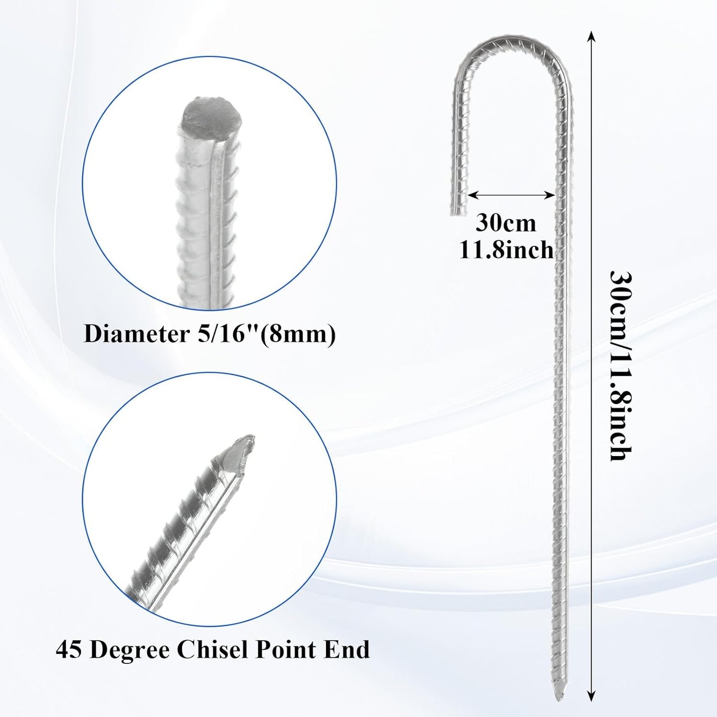 CertBuy 30 Pack Rebar Stakes 12inch, Galvanized Rebar Stakes J Hook, Heavy Duty J Hook Ground Anchors, Curved Steel Support Garden Stake with Chisel Point end for Canopies, Sheds, Swing Sets
