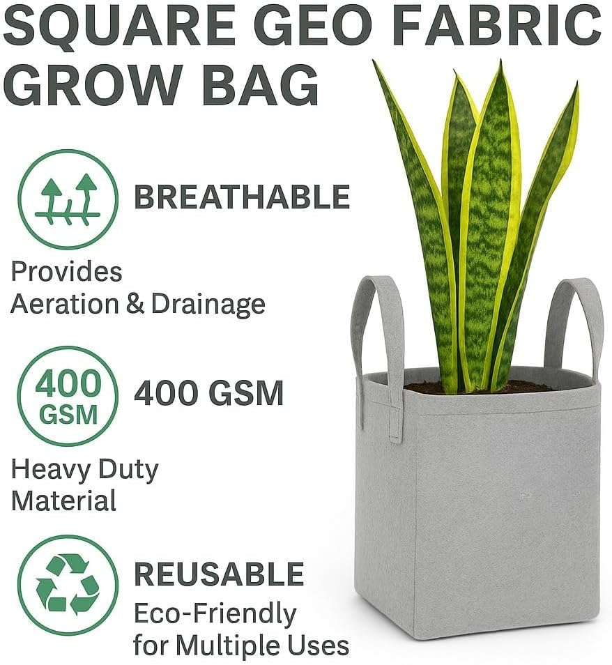 Square Geo Fabric Grow Bag 400 GSM Durable Breathable UV Resistant Reusable Plant Container for Herbs, Vegetables Flowers Space Saving Gardening Pack of 2 (Green, 15 inch) (Light Grey)