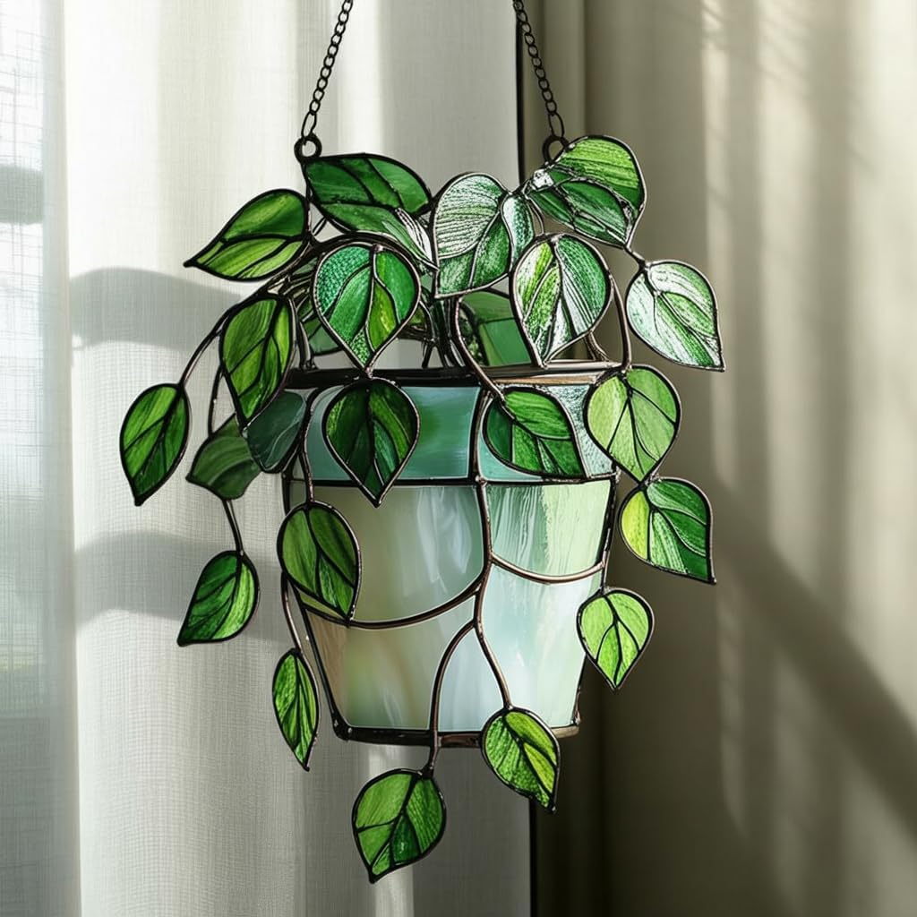 Cascading Ivy Leaf Acrylic Suncatcher Stained Glass Effect Window Car Hanging Christmas Ornament Indoor Outdoor Decor Garden Sun Catcher Panel for Monstera Lover for Women Mom Grandma