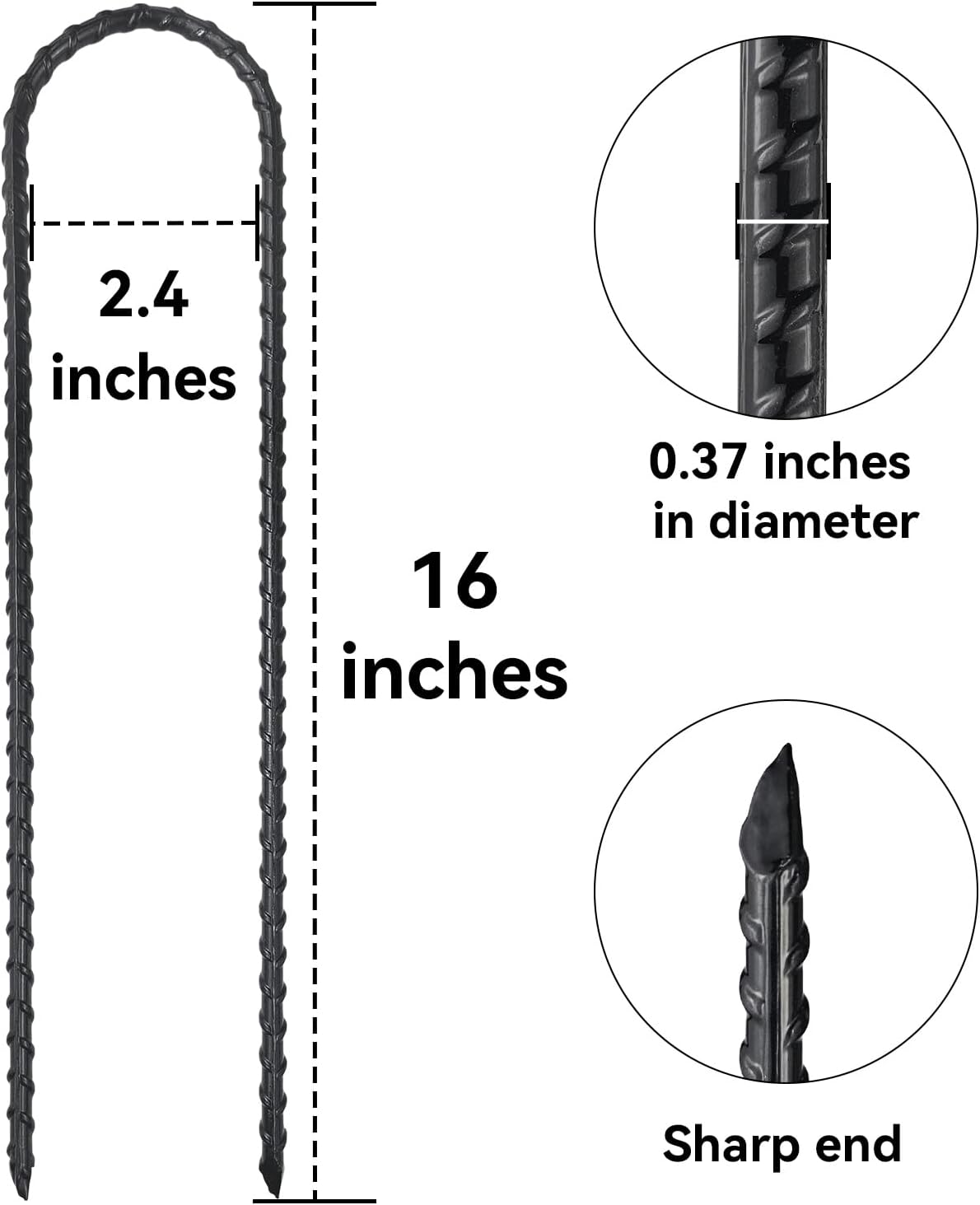 16 Inch Trampoline High Wind Stakes Heavy Duty Ground Anchors U Rebar Stakes for Trampoline, Dog Fence (24 Pack)