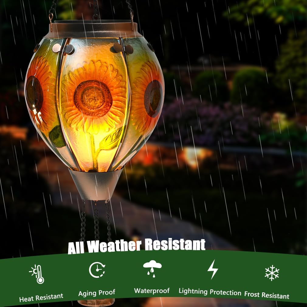 Hot Air Balloon Solar Lantern - Sunflower Glass Lantern, Simulated Flickering & Dancing Flame, Outdoor Hanging Yard Light Waterproof IP65 for Patio Lawn Porch Decor Gift