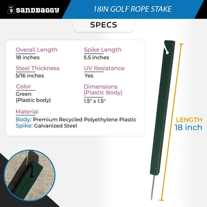 18" Golf Rope Stake - Square Stake (UV Resistant) - Sandbaggy (18-inch, 90, Count)