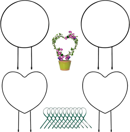 Legigo Black Metal Plant Support Trellis - Iron Vine Climbing Holder Rack with 10 Plant Twist Ties for Potted Flowers Indoor (2 Circles & 2 Hearts)