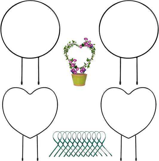 Legigo Black Metal Plant Support Trellis - Iron Vine Climbing Holder Rack with 10 Plant Twist Ties for Potted Flowers Indoor (2 Circles & 2 Hearts)