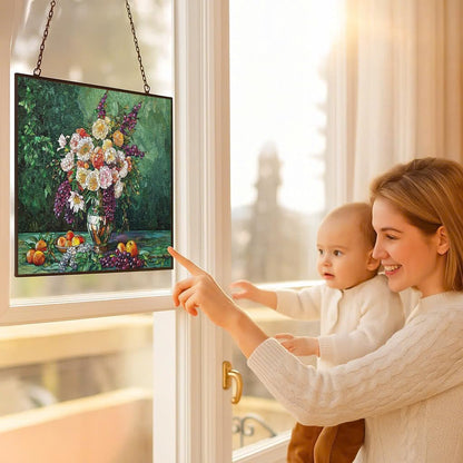 Customized Rectangle Flower Vase with Fruit Stained Glass Window Hangings, Handcrafted Stained Glass Suncatchers, Gift for Cat Lovers Nature Lovers 15"x11"