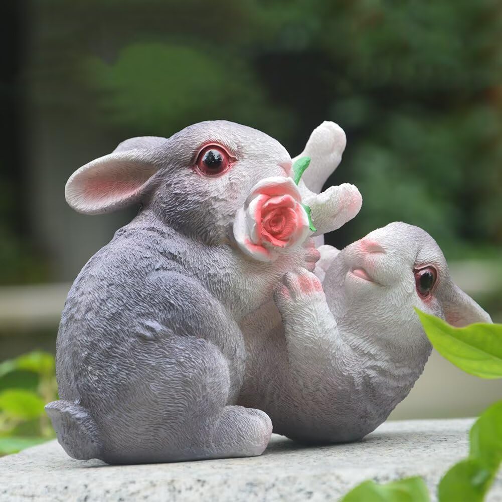 Garden Statues Bunny Decor Resin Flower Rabbit Figurine Cute Fairy Garden Decor Outdoor Statues for Patio Yard Porch Balcony Gifts for Women Mom Grandma Grey