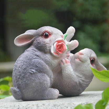 Garden Statues Bunny Decor Resin Flower Rabbit Figurine Cute Fairy Garden Decor Outdoor Statues for Patio Yard Porch Balcony Gifts for Women Mom Grandma Grey