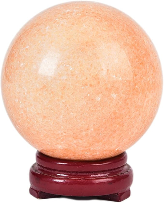 JIC Gem Big Sparkling Quartz Crystal Ball Sunstone Healing Crystal Gemstone Sphere with Decorative Wooden Stand for Meditation Gifts Decoration (80-90mm)