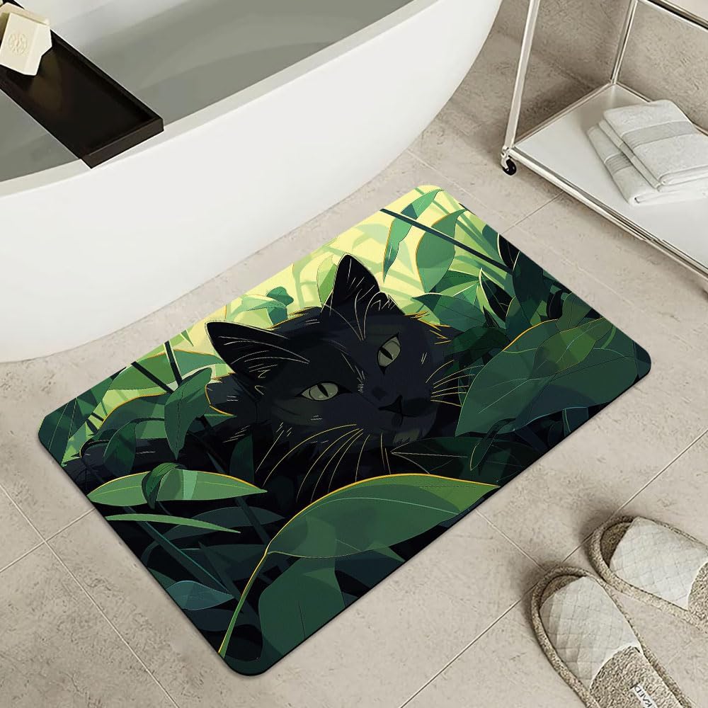Bath Mat-Bathroom Rug，Black cat Hiding in Jungle-Absorbent Non Slip Quick Dry Stain Resistant Easy to Clean Care Shower Rug for Bathtub Shower Room 20×31Inch (50 * 80cm)