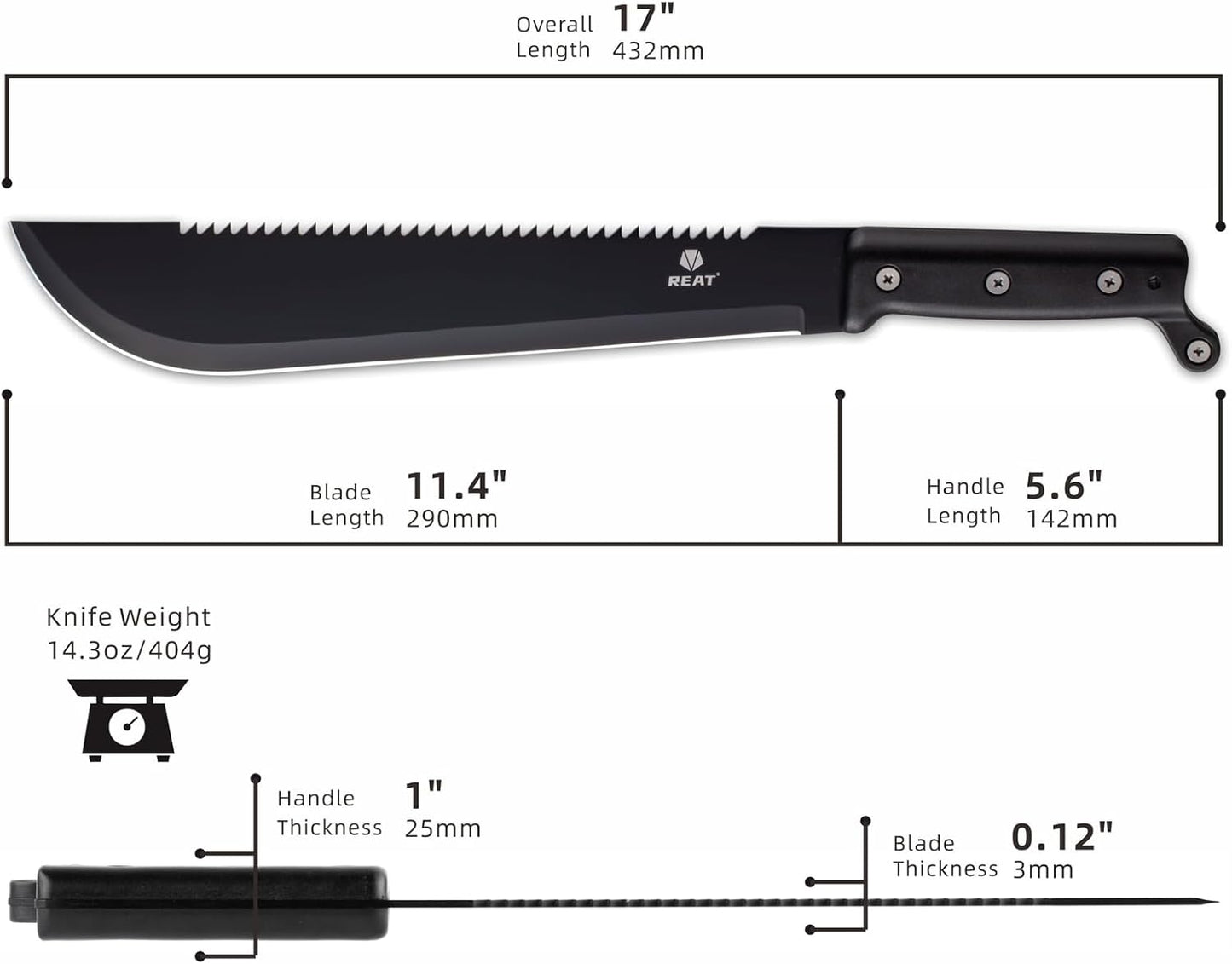 REAT Machete with Saw, 17" Full Tang Fixed Blade Hunting Knife with Sheath, Ergonomic No-Slip Handle,Machetes for Cutting Trees,Yard Work,Bushcraft, Survival