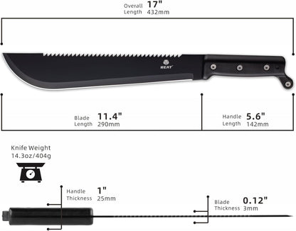 REAT Machete with Saw, 17" Full Tang Fixed Blade Hunting Knife with Sheath, Ergonomic No-Slip Handle,Machetes for Cutting Trees,Yard Work,Bushcraft, Survival